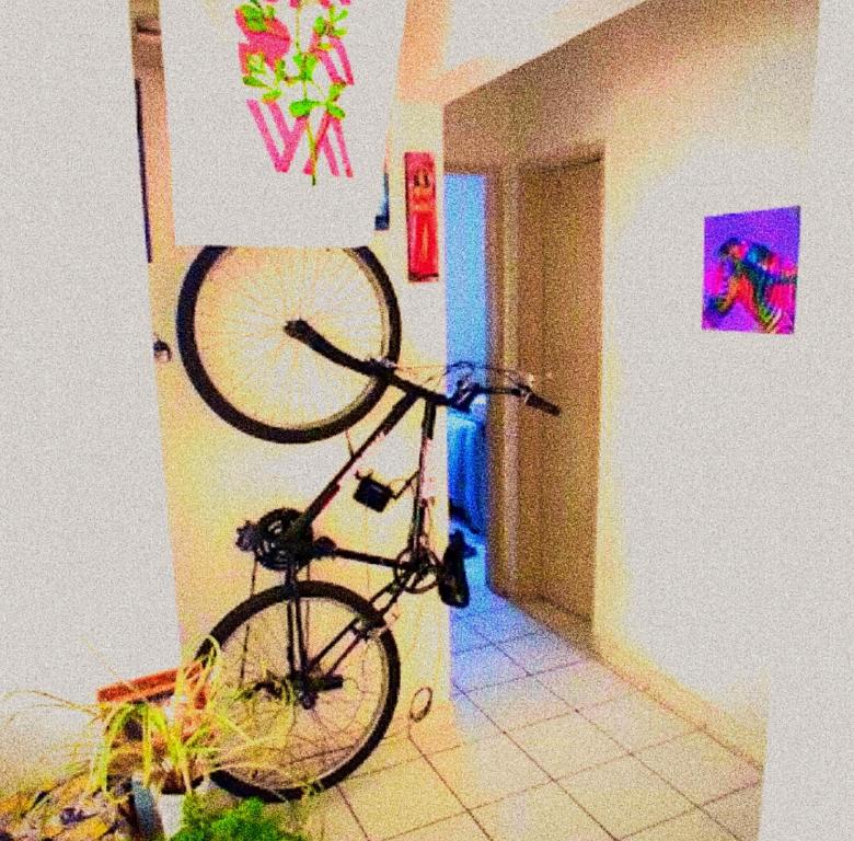 ein Fahrrad lehnt sich an eine Wand in einem Zimmer in der Unterkunft Meu abrigo in Recife