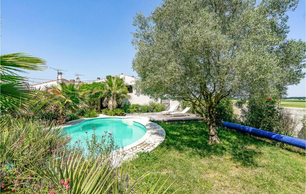 una piscina en un patio con un árbol en Nice Home In Mdis With Private Swimming Pool, Can Be Inside Or Outside, en Médis