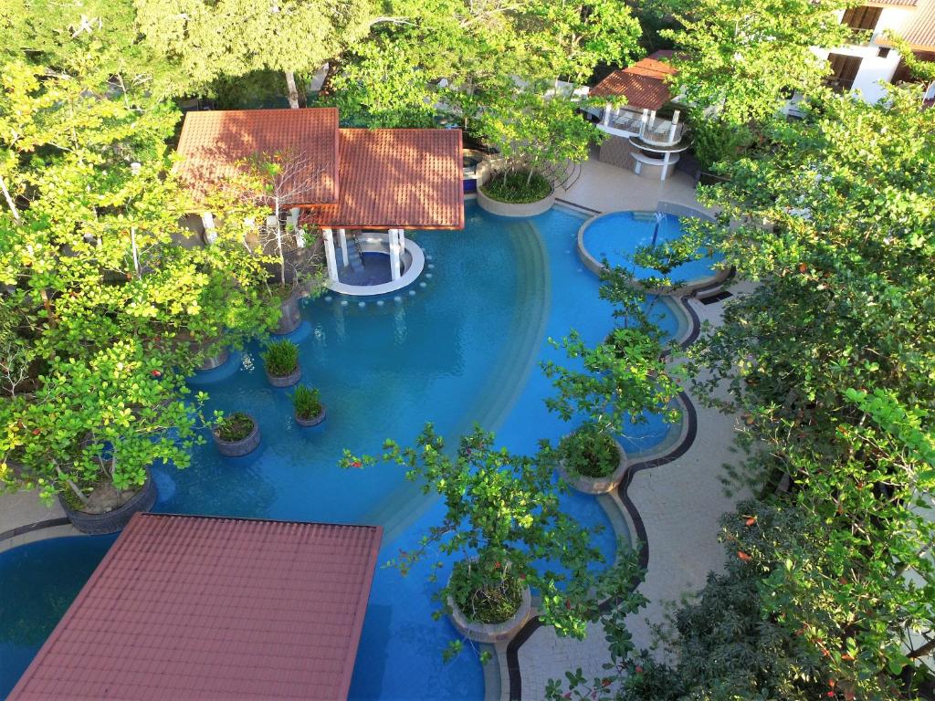 an overhead view of a swimming pool with trees at Fernvale Leisure Club and Resort in Coron