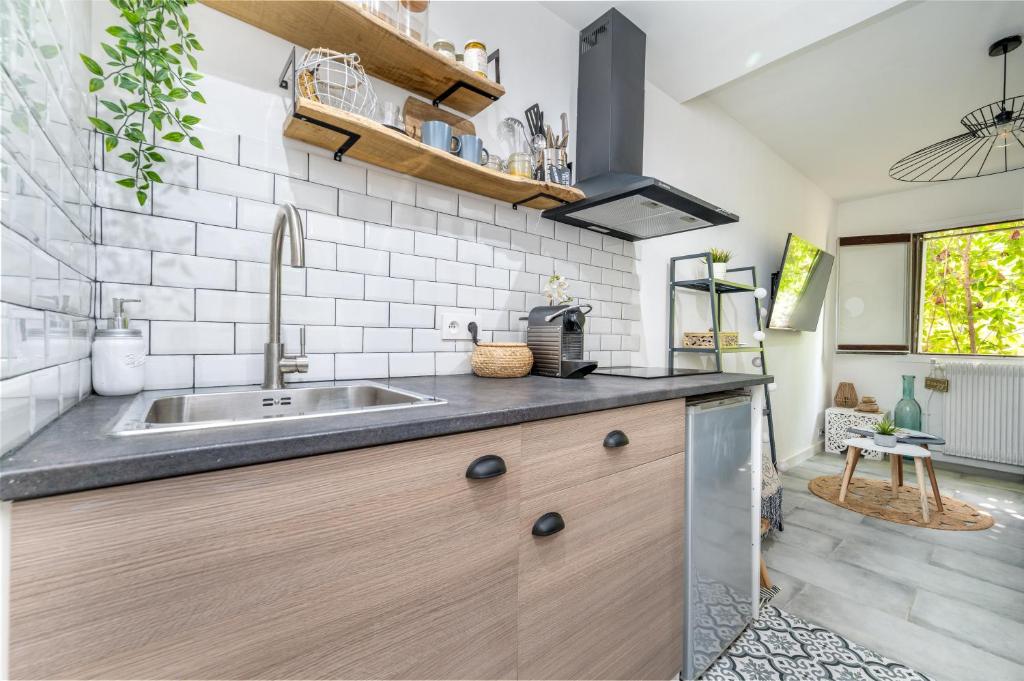 a kitchen with a sink and a counter at Gallia Blue By SCLS Locations in Cannes