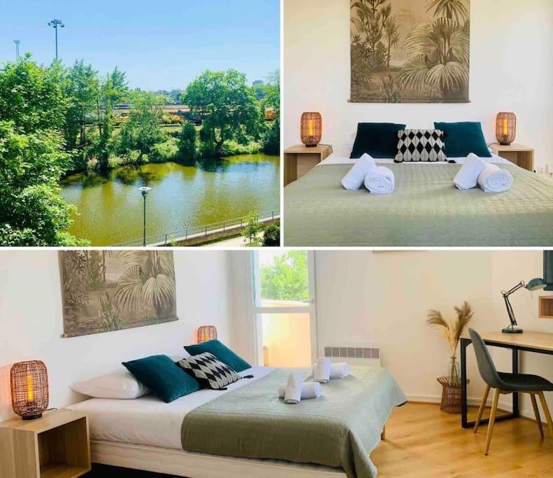 - une chambre avec 2 lits et une vue sur la rivière dans l'établissement Le Wild, Superbe studio au bord de la vilaine, à Rennes