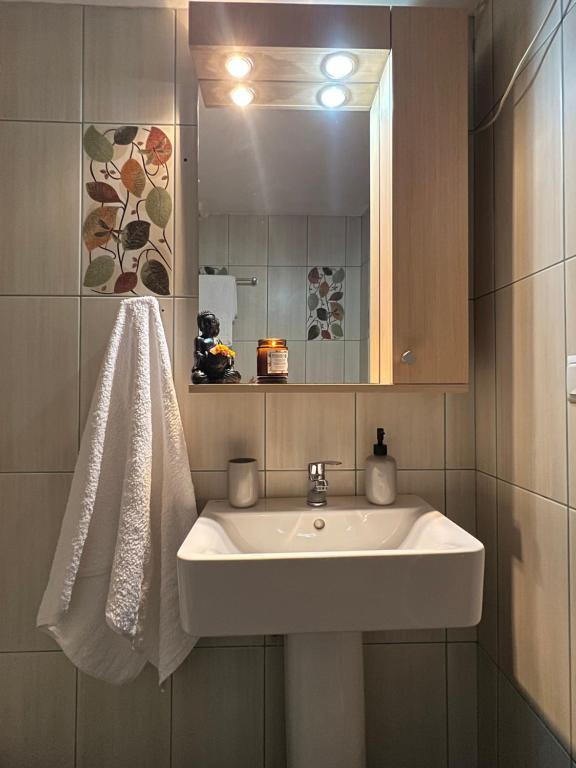 een badkamer met een witte wastafel en een spiegel bij Ellie’s House in Lákka
