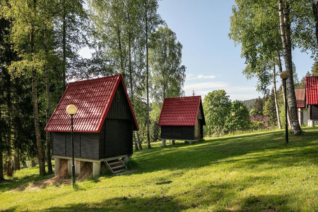 dwa małe domy z czerwonymi dachami na polu w obiekcie Chatky Skalní mlýn Adršpach w Adršpach