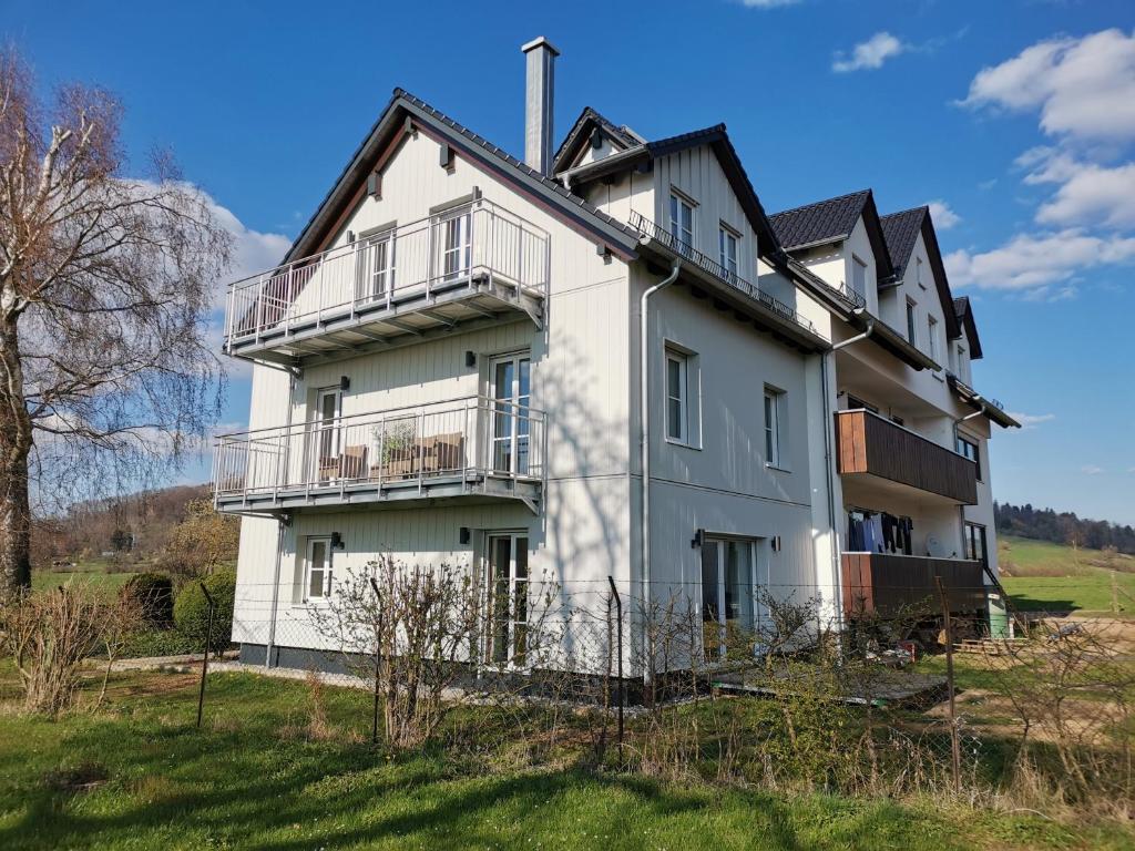 Una gran casa blanca con balcones en un lateral. en Ferienwohnung Meyer, en Weissenburg in Bayern