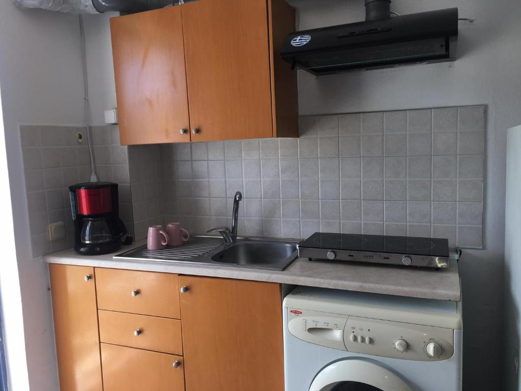 una cucina con lavello e lavatrice di Layla' s Petite Home a Città di Kos