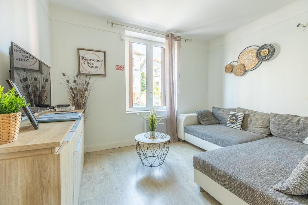 ein Wohnzimmer mit einem Sofa und einem Tisch in der Unterkunft Rue Bien Assis avec jardin terrasse in Clermont-Ferrand