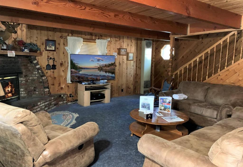 sala de estar con sofás, chimenea y TV en Mountain Bliss - Semi-secluded woodsy quiet cabinm, covered deck with a porch swing!, en Big Bear City