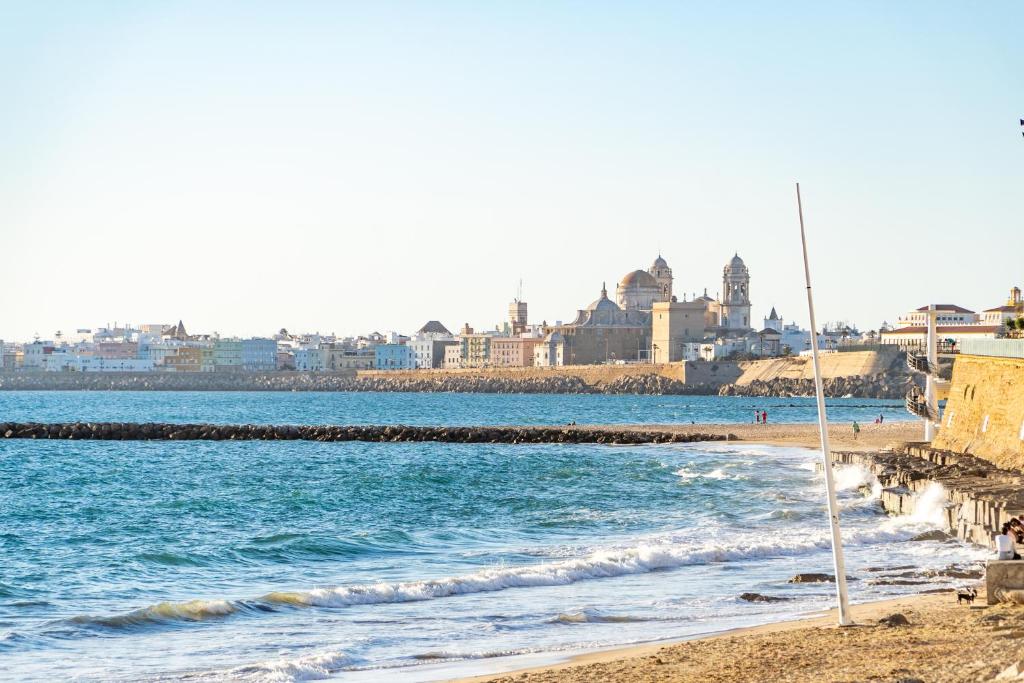 a view of the beach with a city in the background at Hotel Spa Cádiz Plaza in Cádiz