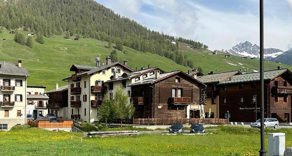 a group of buildings in front of a mountain at Appartamenti Stefano in Livigno
