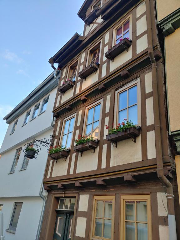 a tall building with windows and potted plants on it at Haus Blumenampel in Schmalkalden