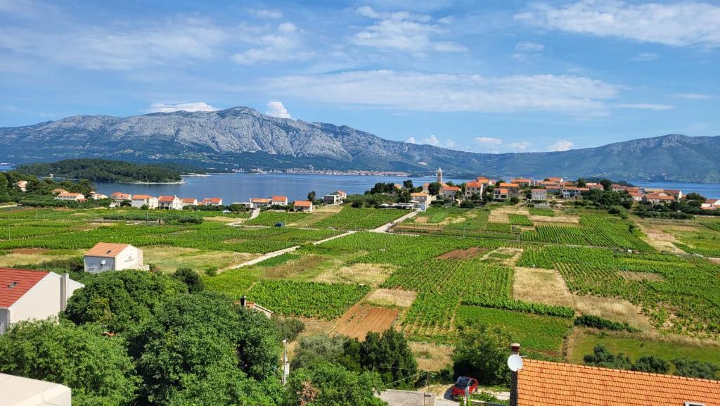 a small town on a hill with a lake and mountains at VILLA Apartments Mate Cebalo in Lumbarda