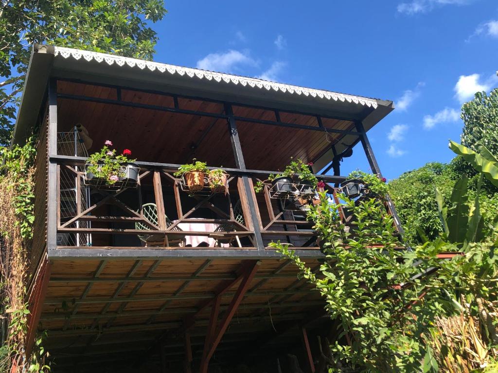 einen Balkon eines Hauses mit Topfpflanzen darauf in der Unterkunft Chalet L in Saint-Pierre