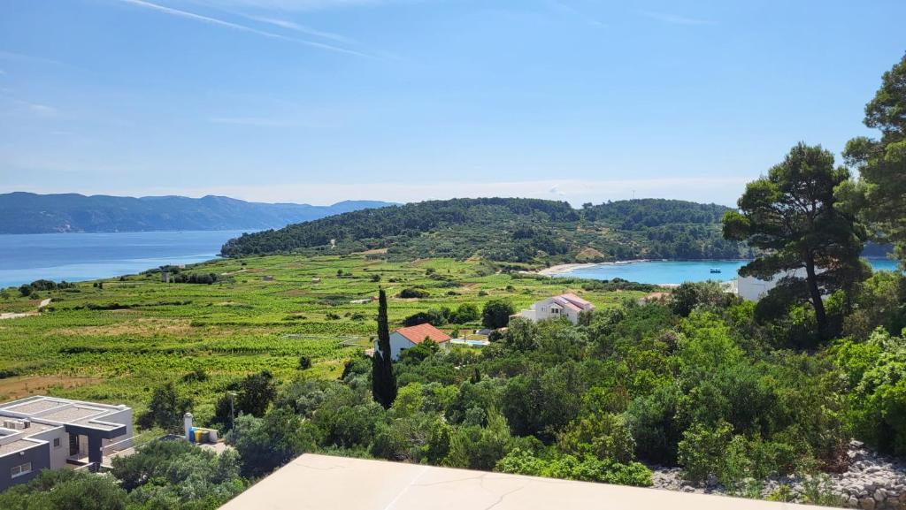 a view of a hill with a house and a lake at VILLA Apartments Mate Cebalo in Lumbarda