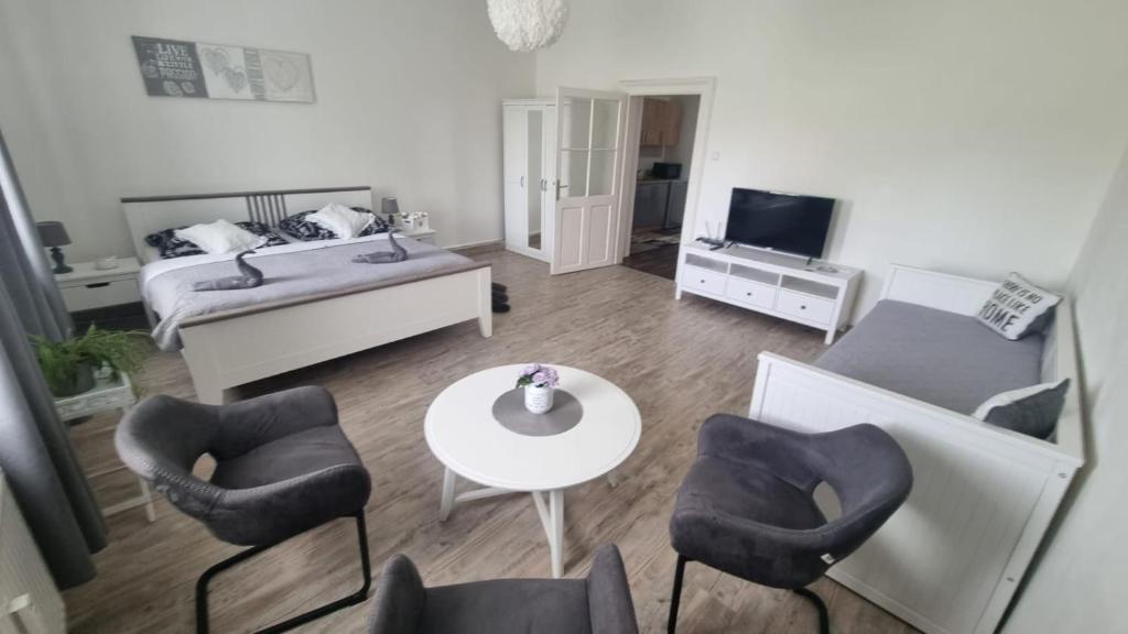 sala de estar con cama, mesa y sillas en Apartmány Černý Tulipán 4, en Plzeň