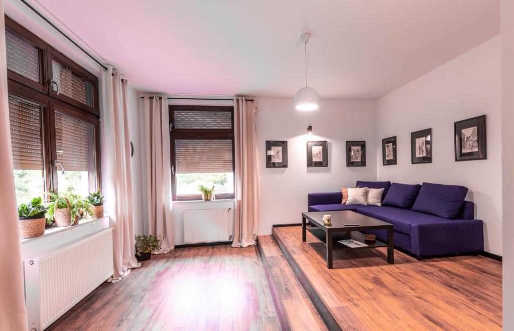 a living room with a blue couch and a table at Paprotkowy Zakątek in Polanica-Zdrój