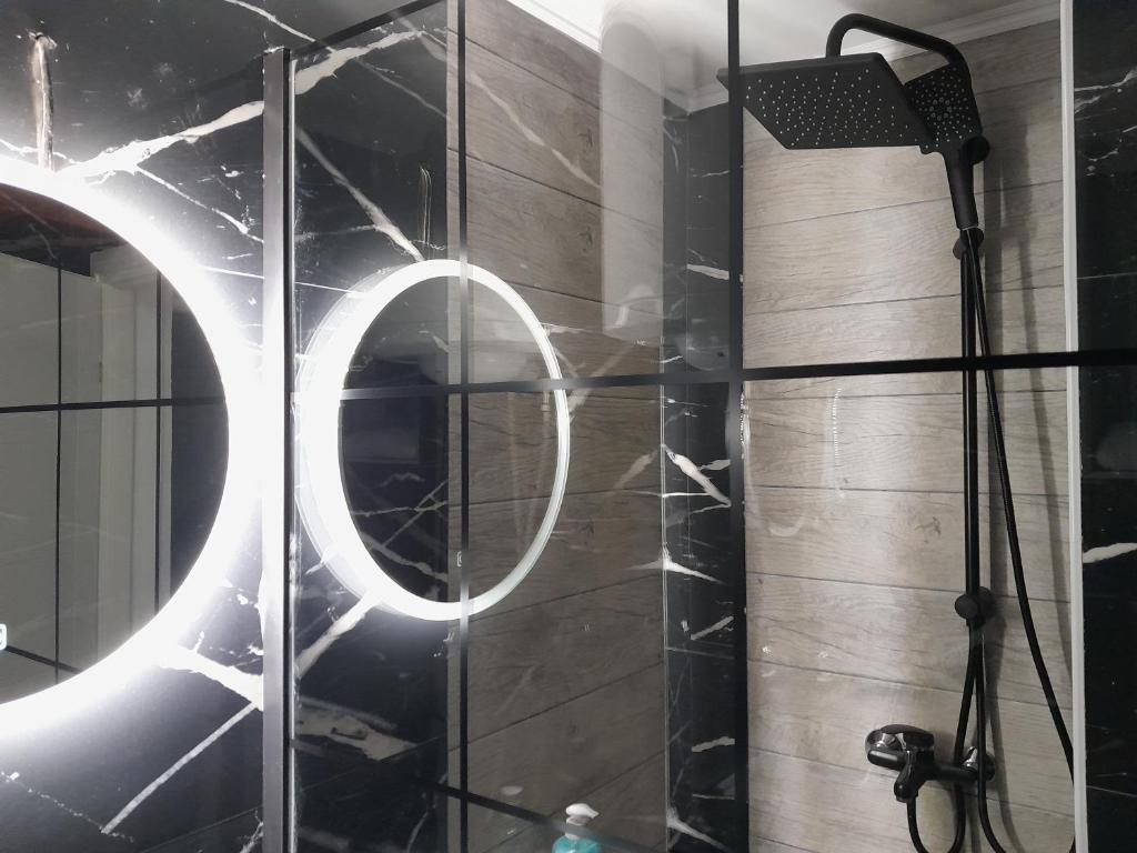 baño con ducha y puerta de cristal en Apartman ASKA, en Višegrad