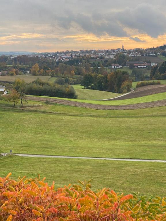a grassy field with a city in the background at Mondstein in Hauzenberg