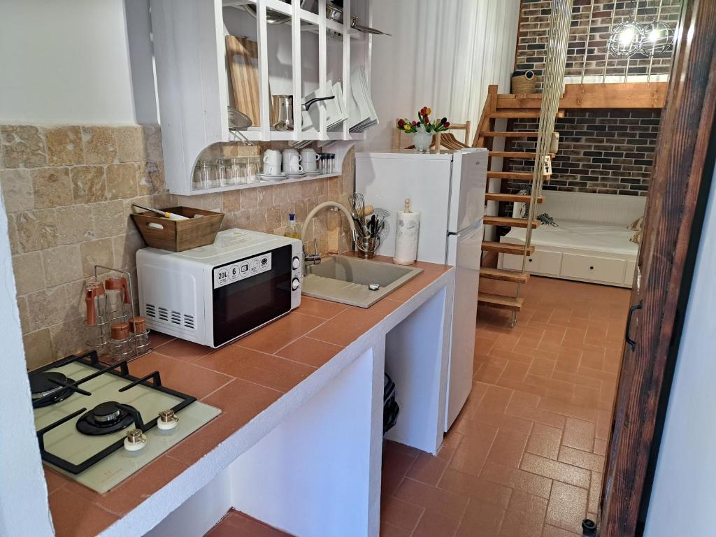 a kitchen with a counter with a microwave and a refrigerator at Casa Doros in Eforie Sud
