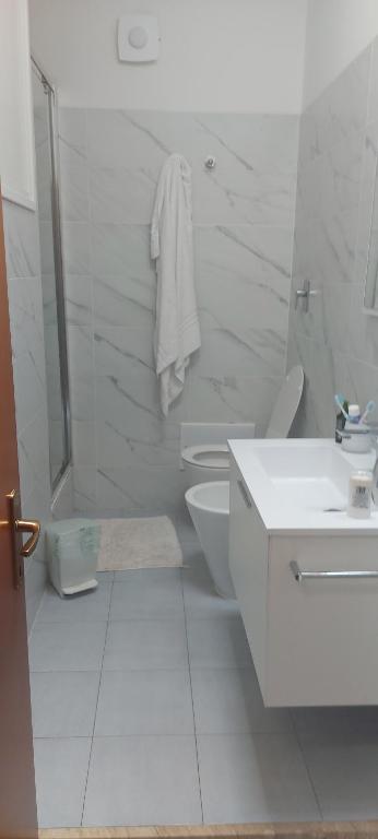 y baño blanco con ducha, lavabo y aseo. en Casa Simona, en Villasimius