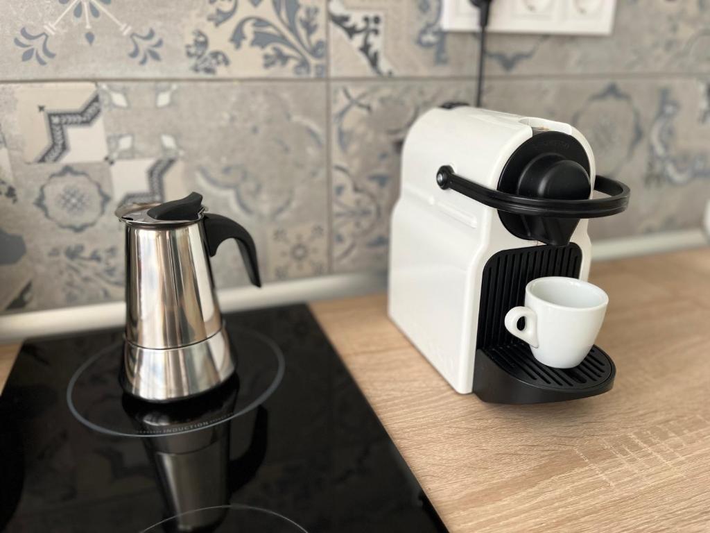 Príslušenstvo na prípravu kávy alebo čaju v ubytovaní Aranypart Apartmanházak Tiszakécske