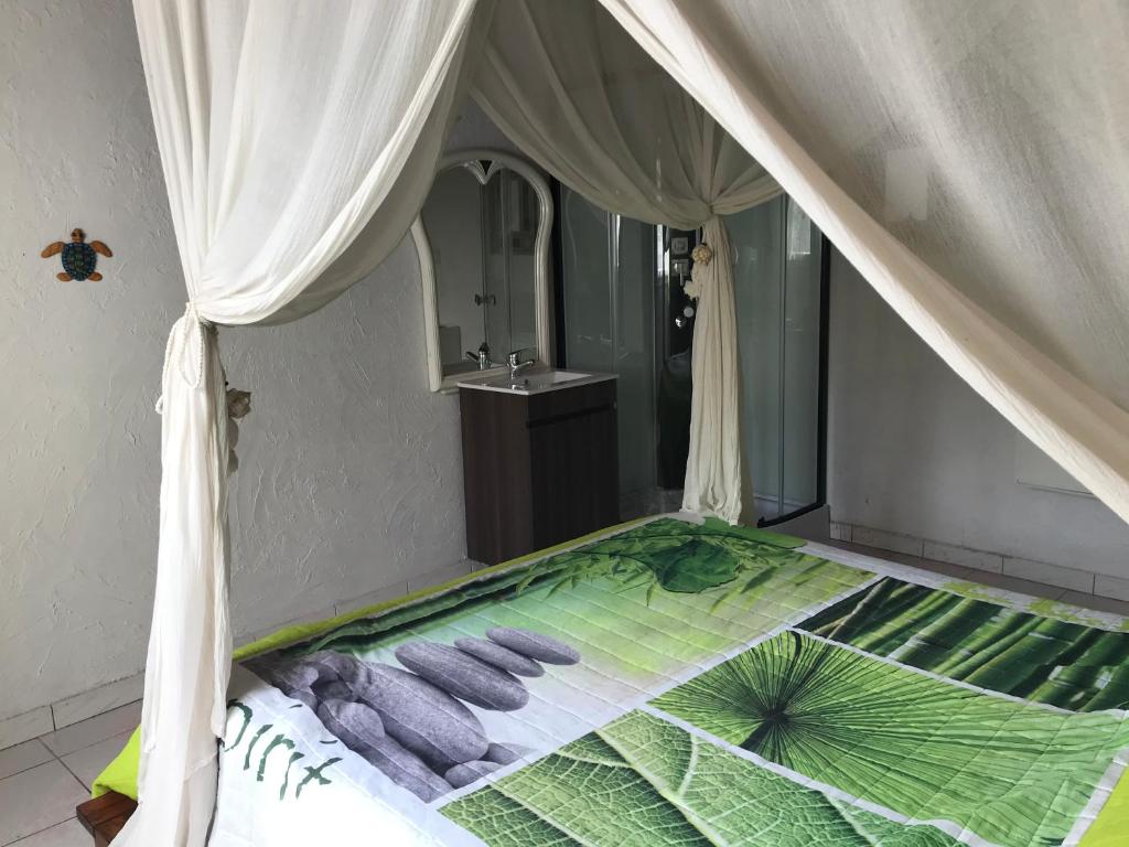 a bedroom with a bed with a canopy at Le coin tranquille in Le Lamentin