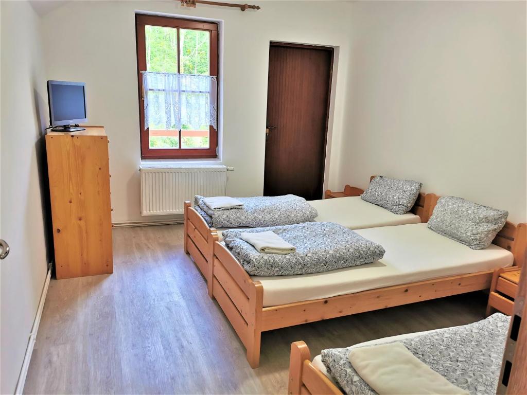 Postel nebo postele na pokoji v ubytování Penzion Liškův Mlýn