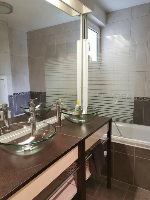 a bathroom with two sinks and a large mirror at appartement cosy à 10 min du centre de Strasbourg in Strasbourg