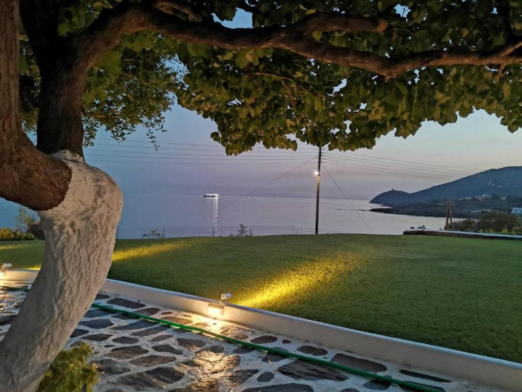 a view of a park with a tree and a street light at Chryssa Bungalows in Andros