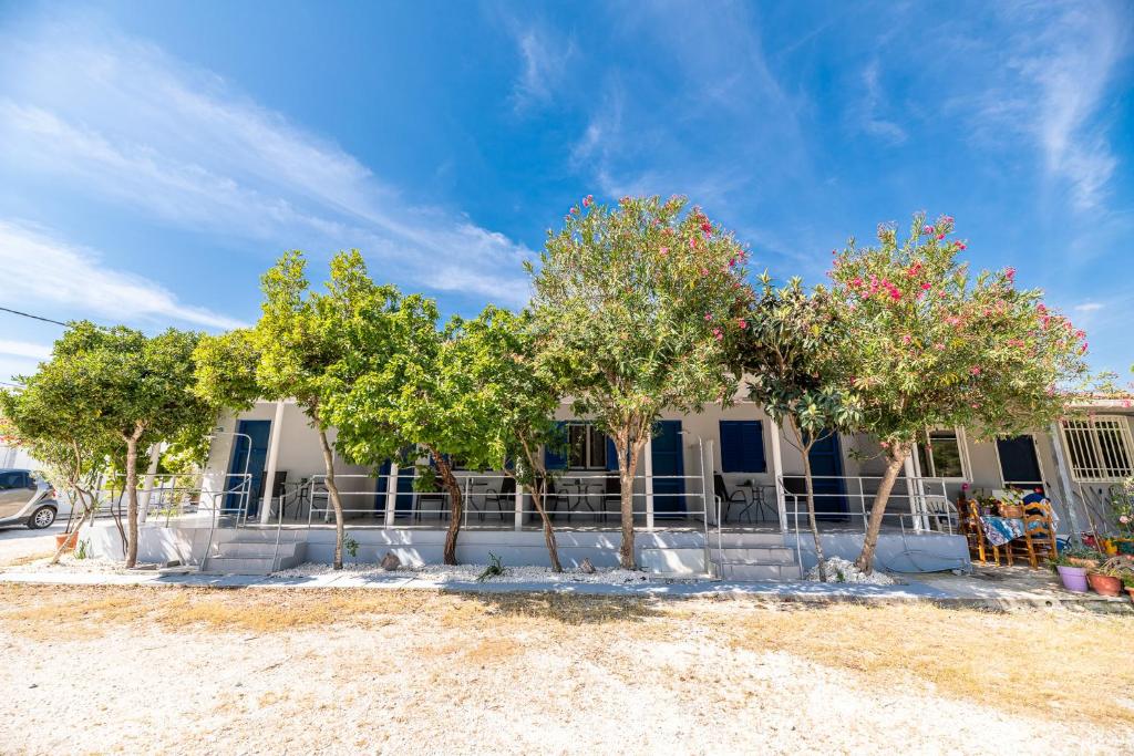 un gruppo di alberi davanti a una casa di Zante Riva Studios a Lithakia