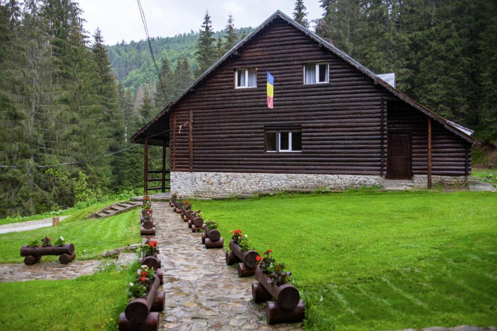 a wooden house with flowers in front of it at Cabana Patru Brazi in Stana de Vale