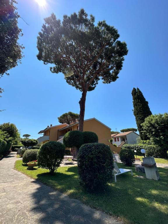 a park with a tree and bushes and a building at Appartamenti Portiglioni-Cipressi in Puntone di Scarlino