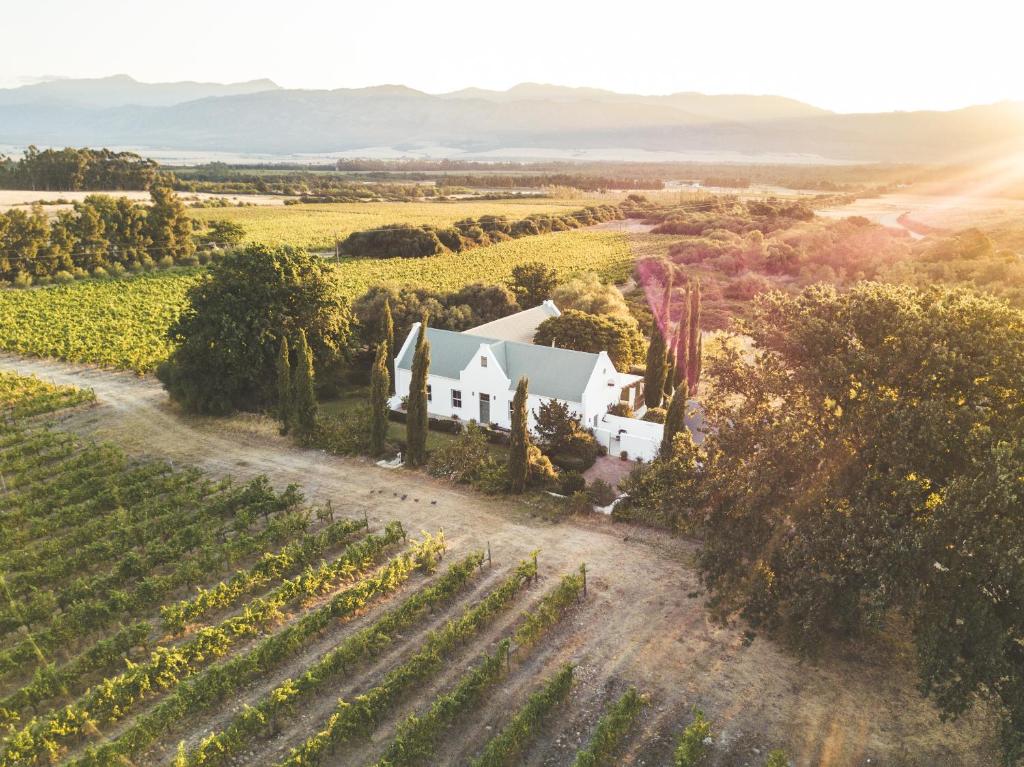 an aerial view of a white farmhouse in a vineyard at Huckleberry House - La Bruyere Farm in Tulbagh