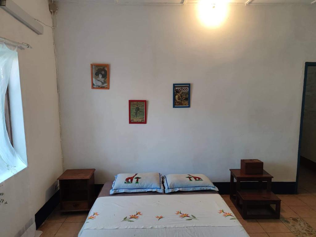 1 dormitorio con 1 cama con 2 almohadas en Les Alizés, en Antsiranana