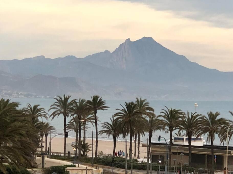 a view of a mountain with palm trees and the ocean at Apartamento Alicante San Juan playa 1ª línea in Benimagrell