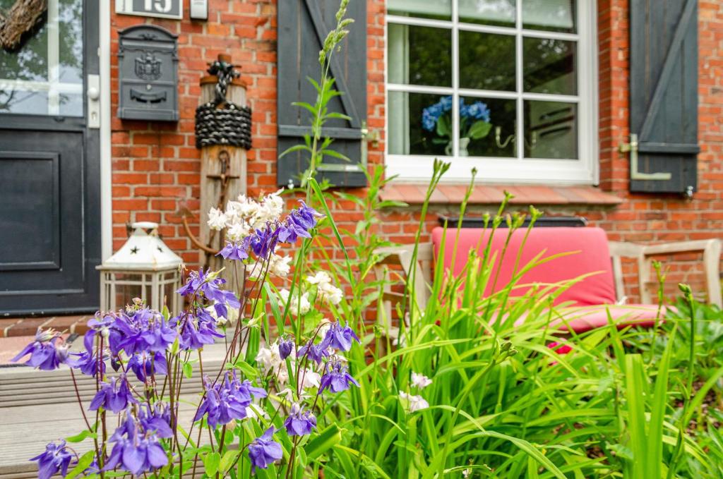 a garden with purple flowers in front of a house at Huus ant Dörpsdiek in Krummhörn