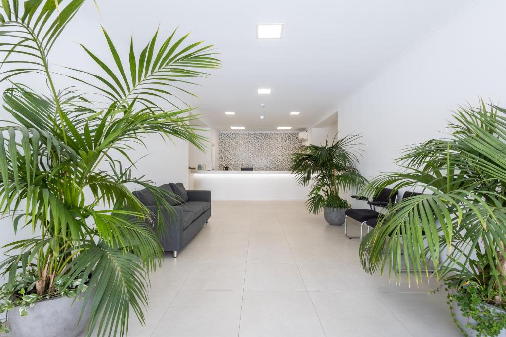 - un hall avec des plantes en pot et un canapé dans l'établissement Dunas Hostel & Guesthouse, à Alvor