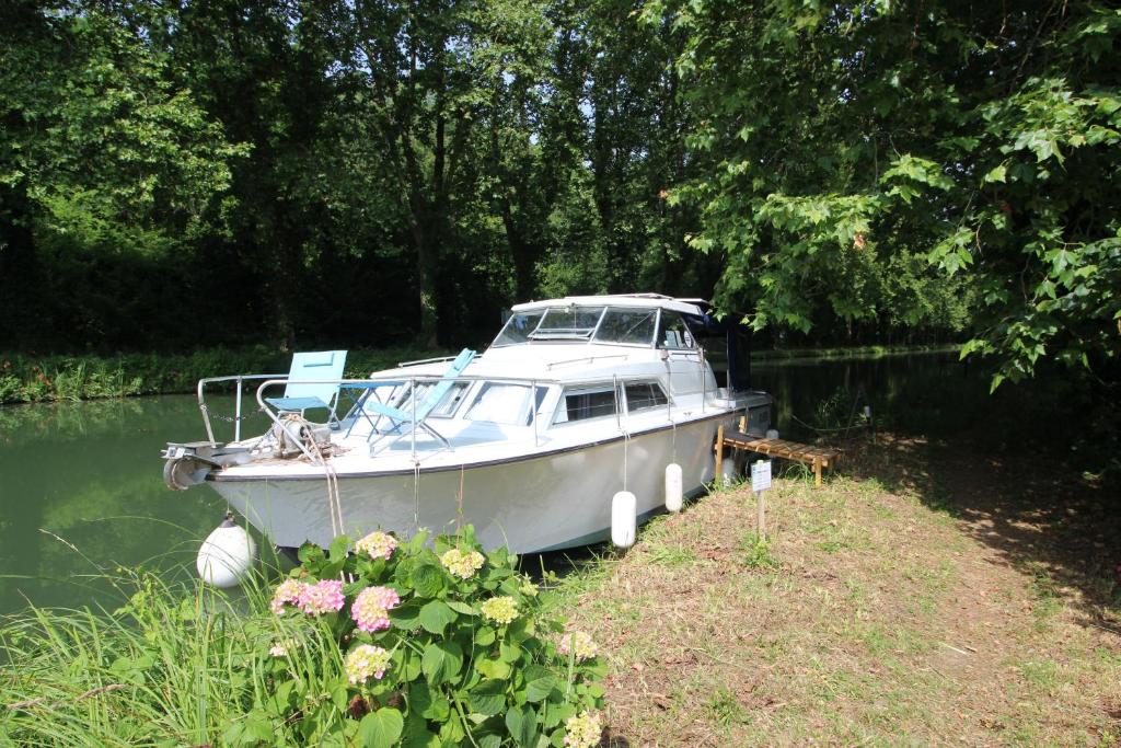 un barco está atracado en el agua junto a las flores en Nuit à quai sur notre vedette! en Meilhan-sur-Garonne
