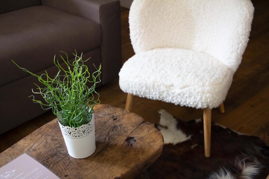 einem weißen Stuhl und einer Topfpflanze auf einem Tisch in der Unterkunft Maison Carrel Elegant 1 in Breuil-Cervinia