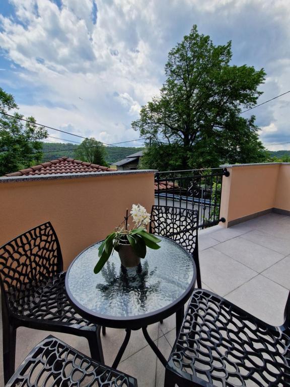 a glass table with a potted plant on a balcony at Greg's Rooms in Ilirska Bistrica