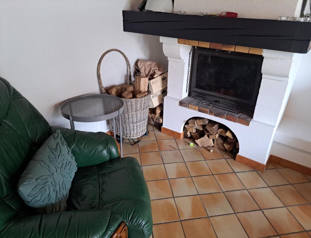 a living room with a couch and a fireplace at Chambre Cassis in Arles