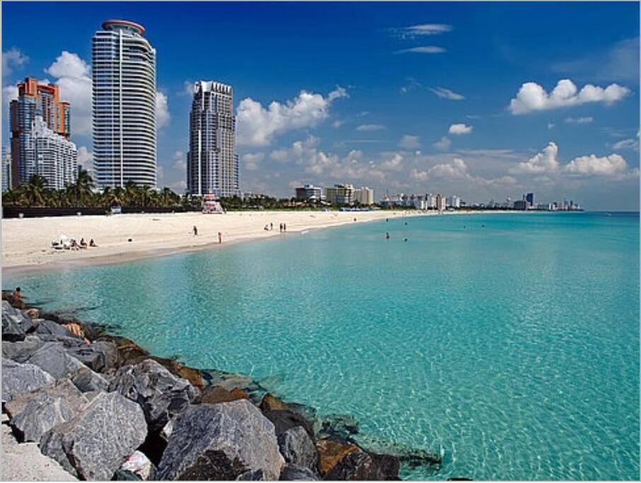 a beach with tall buildings and the ocean and rocks at Steps to the beach! in Miami Beach