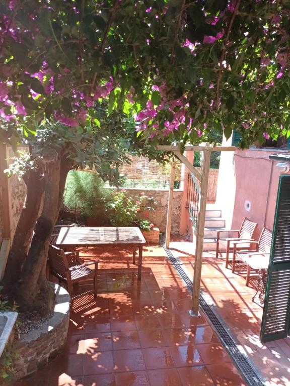 a patio with a table and chairs under a tree at Fontantica di Vernazza in Vernazza