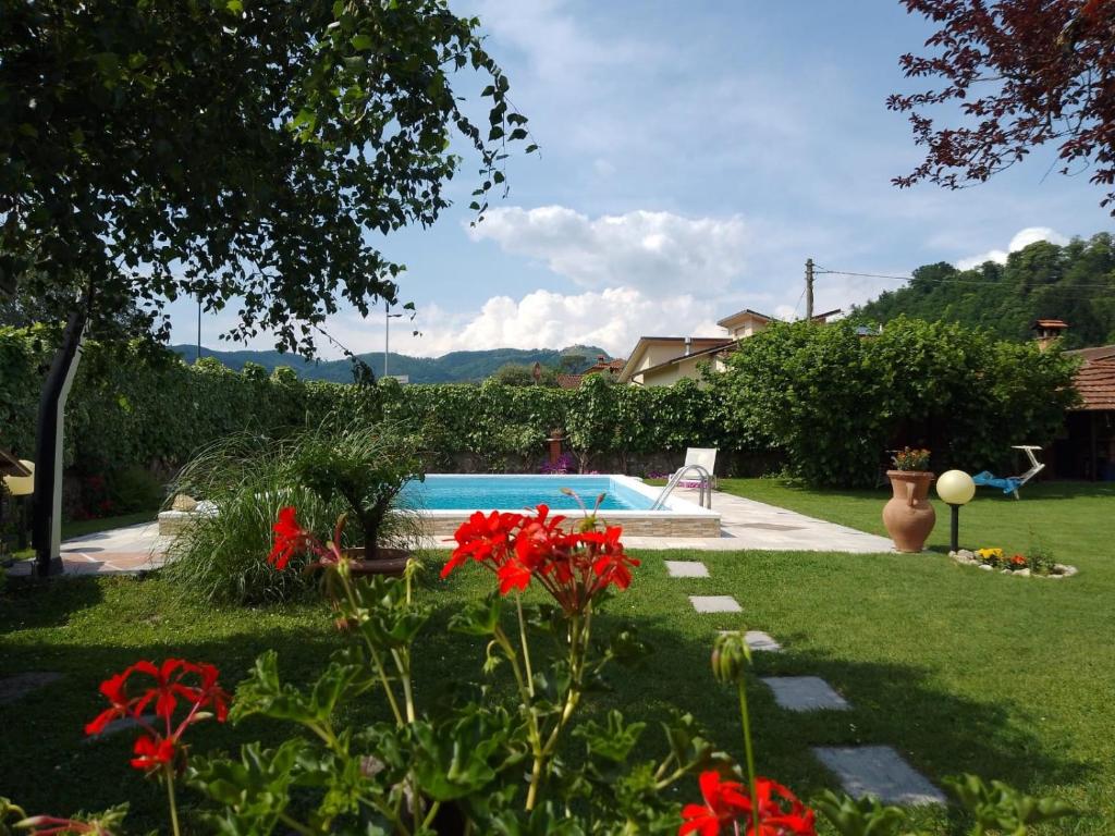 a yard with a swimming pool and red flowers at Le sette fontane in Barga