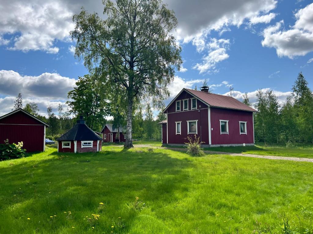 une maison rouge sur un champ verdoyant avec un arbre dans l'établissement Kodikas Mökki, à Ähtäri