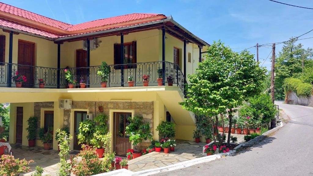 a yellow house with potted plants on a street at Λευκή Καμέλια in Anilio Pelion