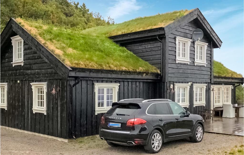 ein Auto, das vor einem schwarzen Haus mit Grasdach parkt in der Unterkunft Amazing Home In B I Telemark With Wifi in Lifjell