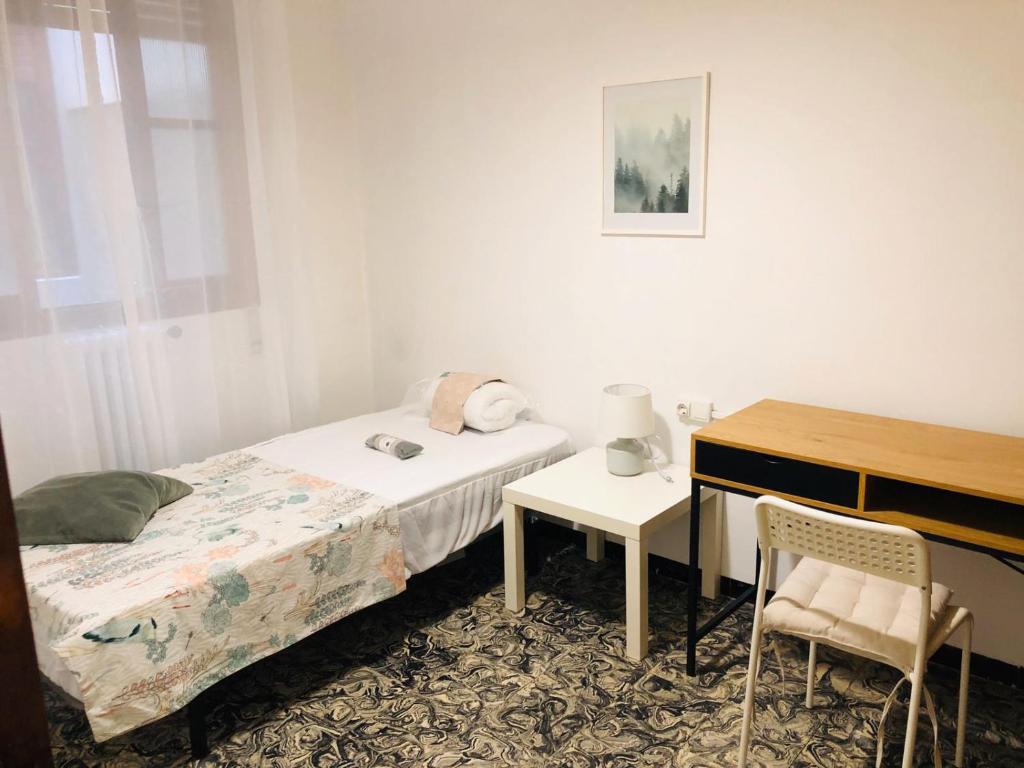 Habitación pequeña con cama, mesa y escritorio. en Apartament con Encanto, en Castellón de la Plana