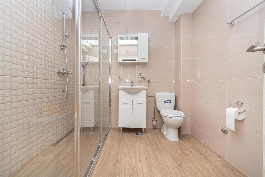 a bathroom with a toilet and a glass shower at Apartments Horizont in Budva