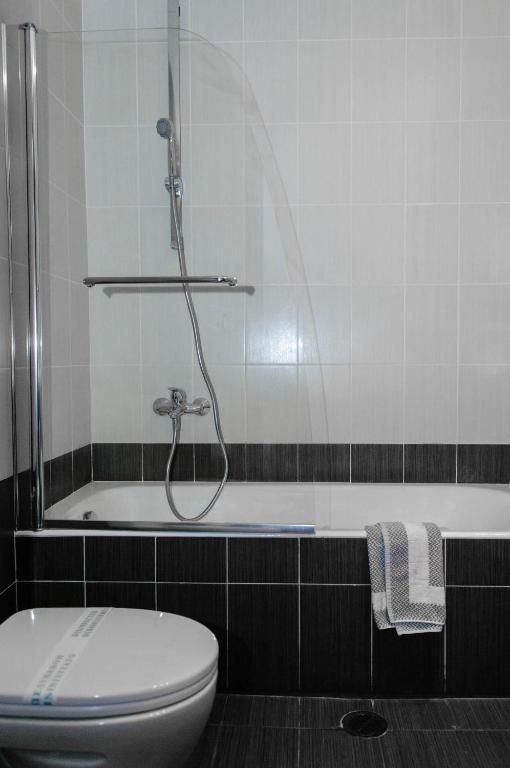 a bathroom with a toilet and a bath tub at Agamemnon Hotel in Nafplio