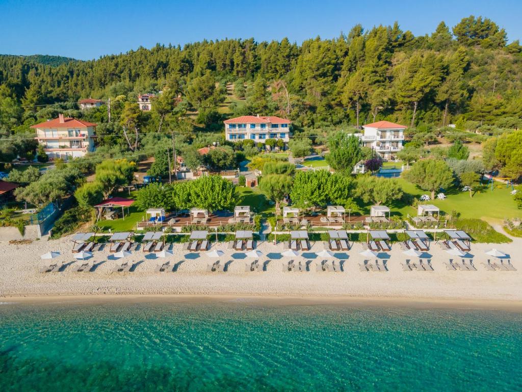an aerial view of the beach at a resort at Villa Despina in Polykhrono